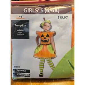Pumpkin Costume Kids Halloween Girls 6/6x Dress & Headband Orange Green